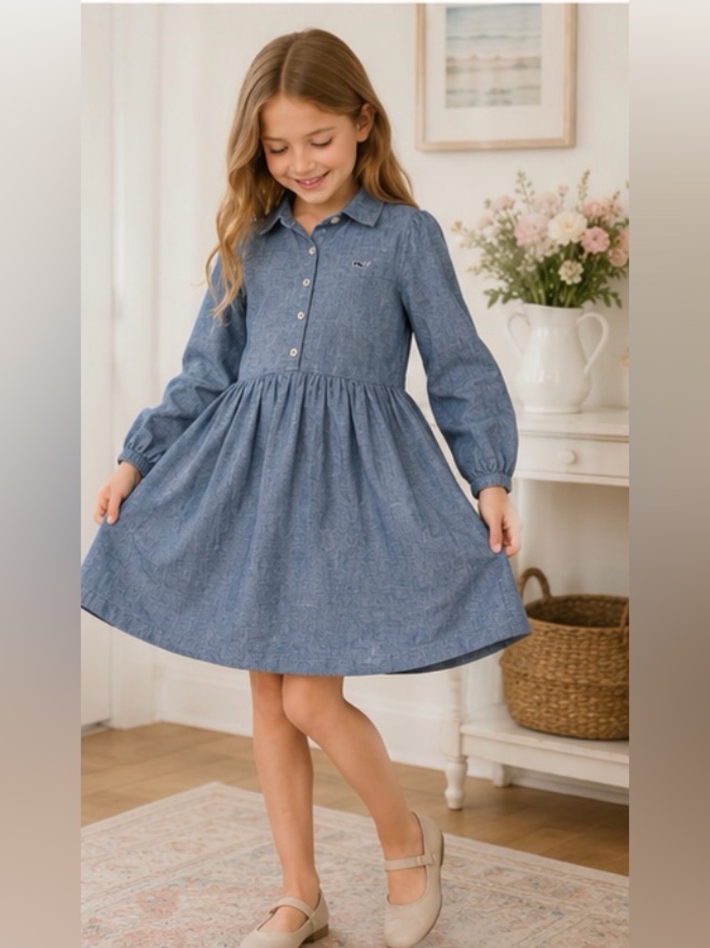 Vineyard Vines Girls Chambray Shirt Dress Size M (10-12) 100% Cotton